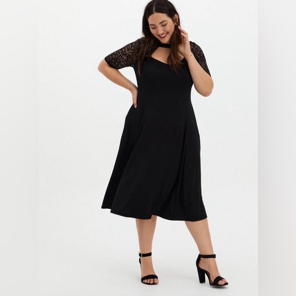 Torrid Super Soft Knits Black Lace Sleeve Midi Dress Stretch 1X 14-16 - Picture 1 of 8